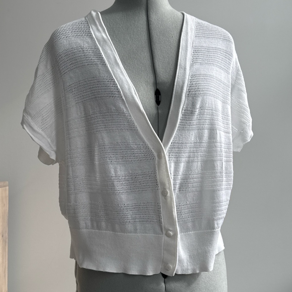 Caslon Size L White 100% Cotton Open Knit Cardigan Short Sleeve Button Front